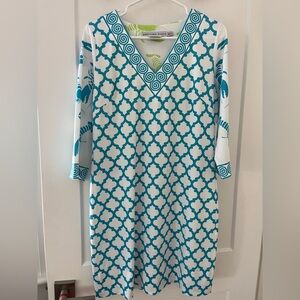 Gretchen Scott Blue and White Patterned 3/4 length sleeve Dress